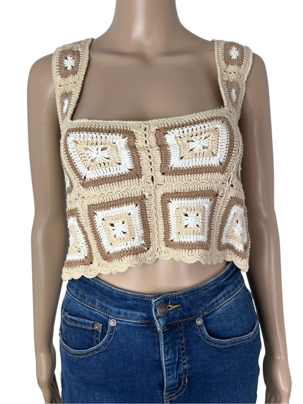 Show Me Your Mumu Virgo Crochet Brown Tan Granny Squares Crop Top